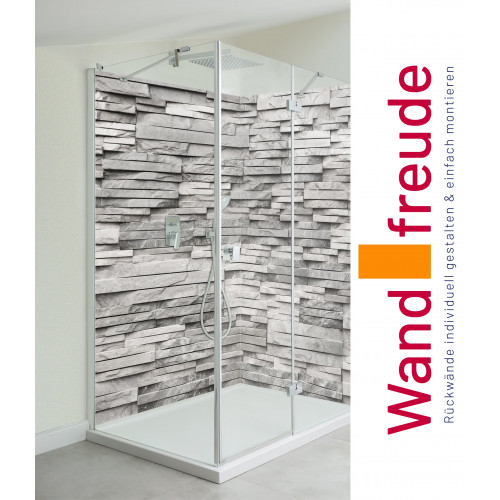 Eck Duschrückwand Hellgrauer Stein 90x90x200cm Premium Matt UV-Lack 3mm